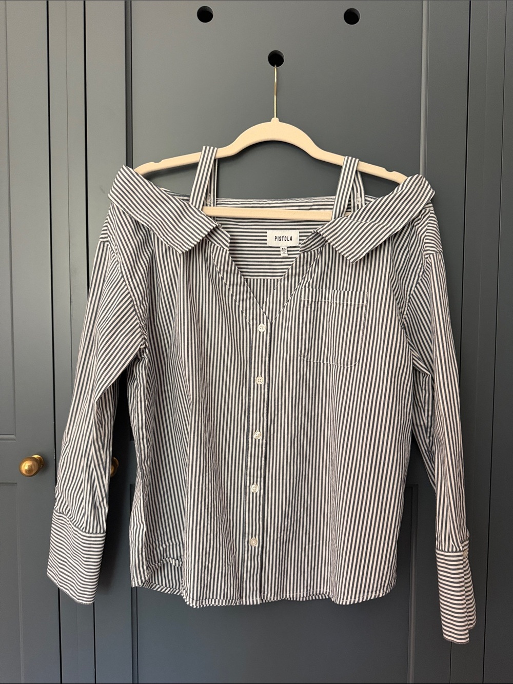 pistola Navy and White Striped Off-Shoulder Button-Down Top